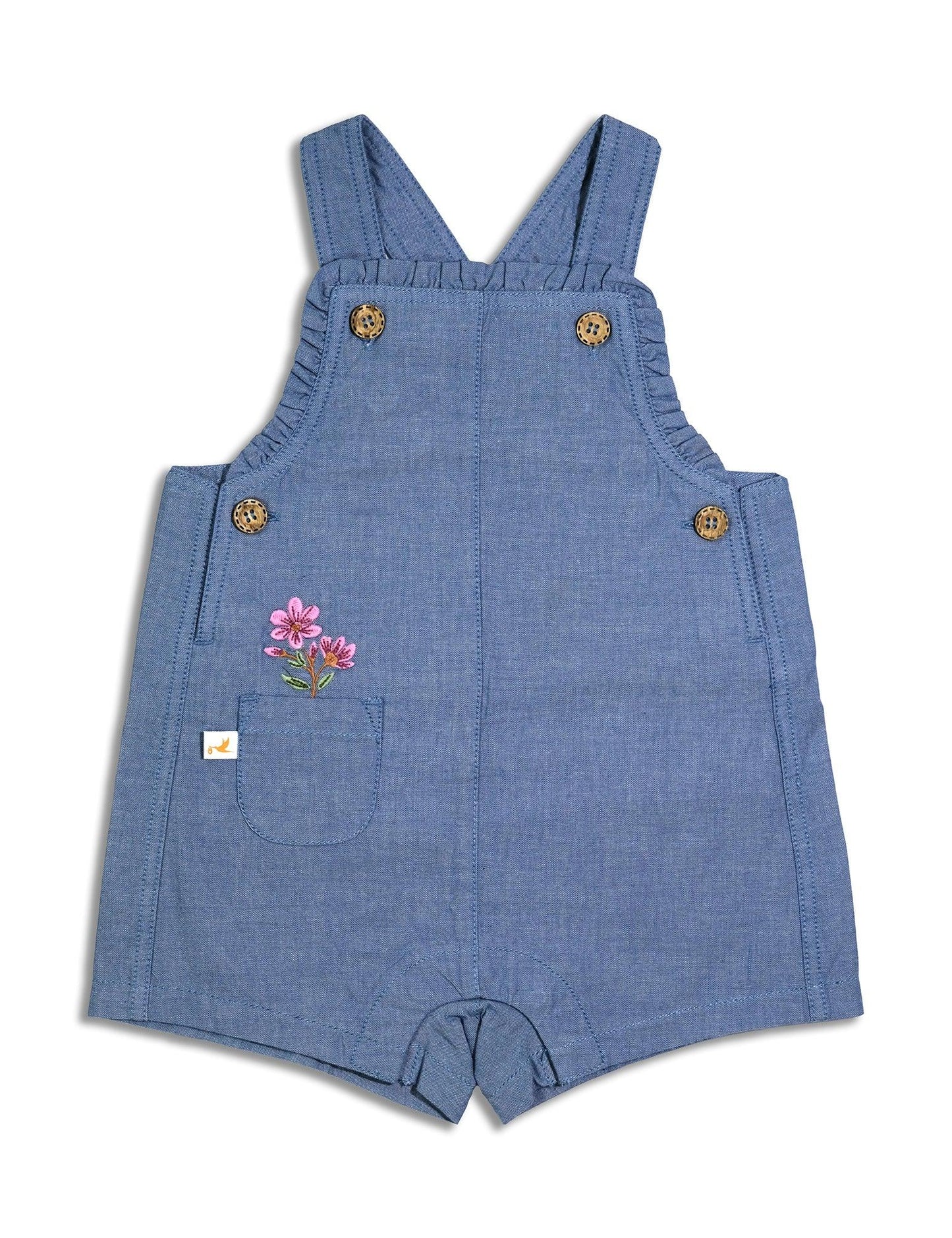 blue denim baby dungaree with pink floral embroidery and wooden buttons