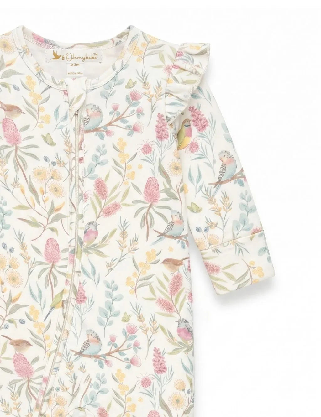 Close-up of botanical bird print baby romper highlighting the sleeve, shoulder ruffle, and front zipper detail.