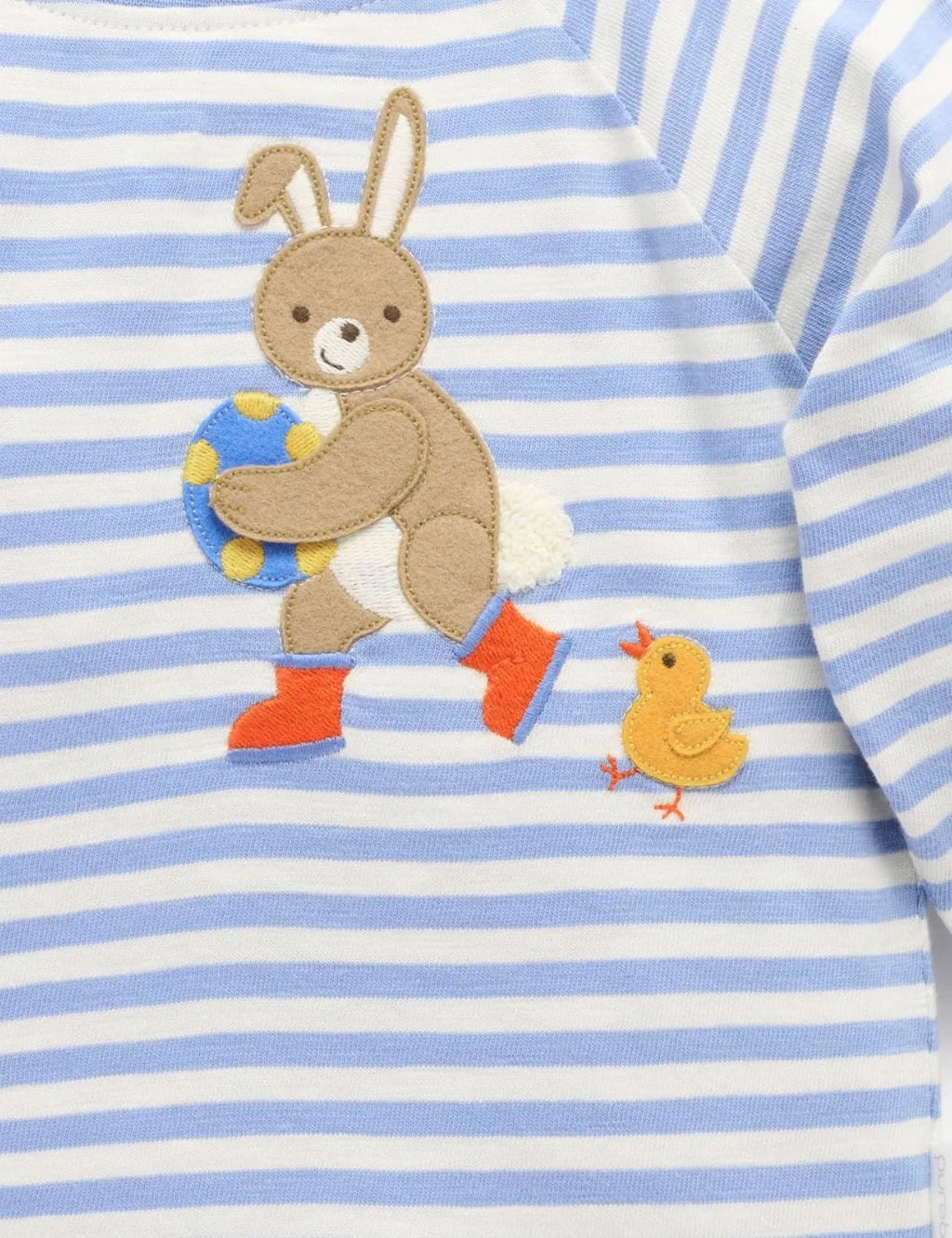 Close-up detail of the Easter bunny and chick appliqué on a blue striped baby jersey top.