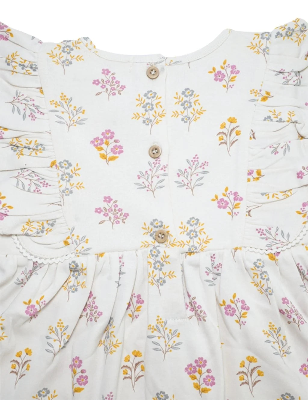 Close-up back view of cream floral print toddler dress featuring wooden back buttons and flutter sleeve ruffle trims.