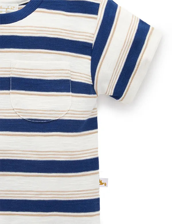 Close-up of a blue, beige, and white striped short sleeve toddler shirt with a chest pocket and round neckline