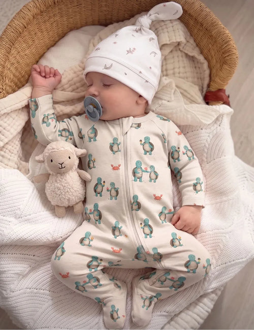 Organic Cotton Baby Zipper Romper – Hungry Turtle Print