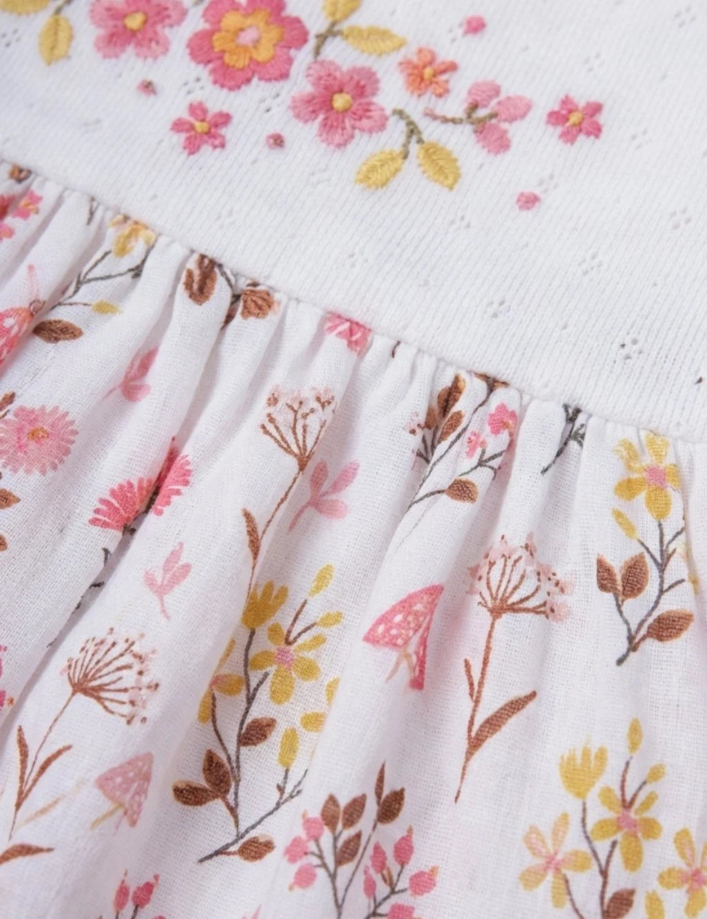 Close-up detail of floral embroidery on bodice and printed skirt of a flutter-sleeve baby romper dress.