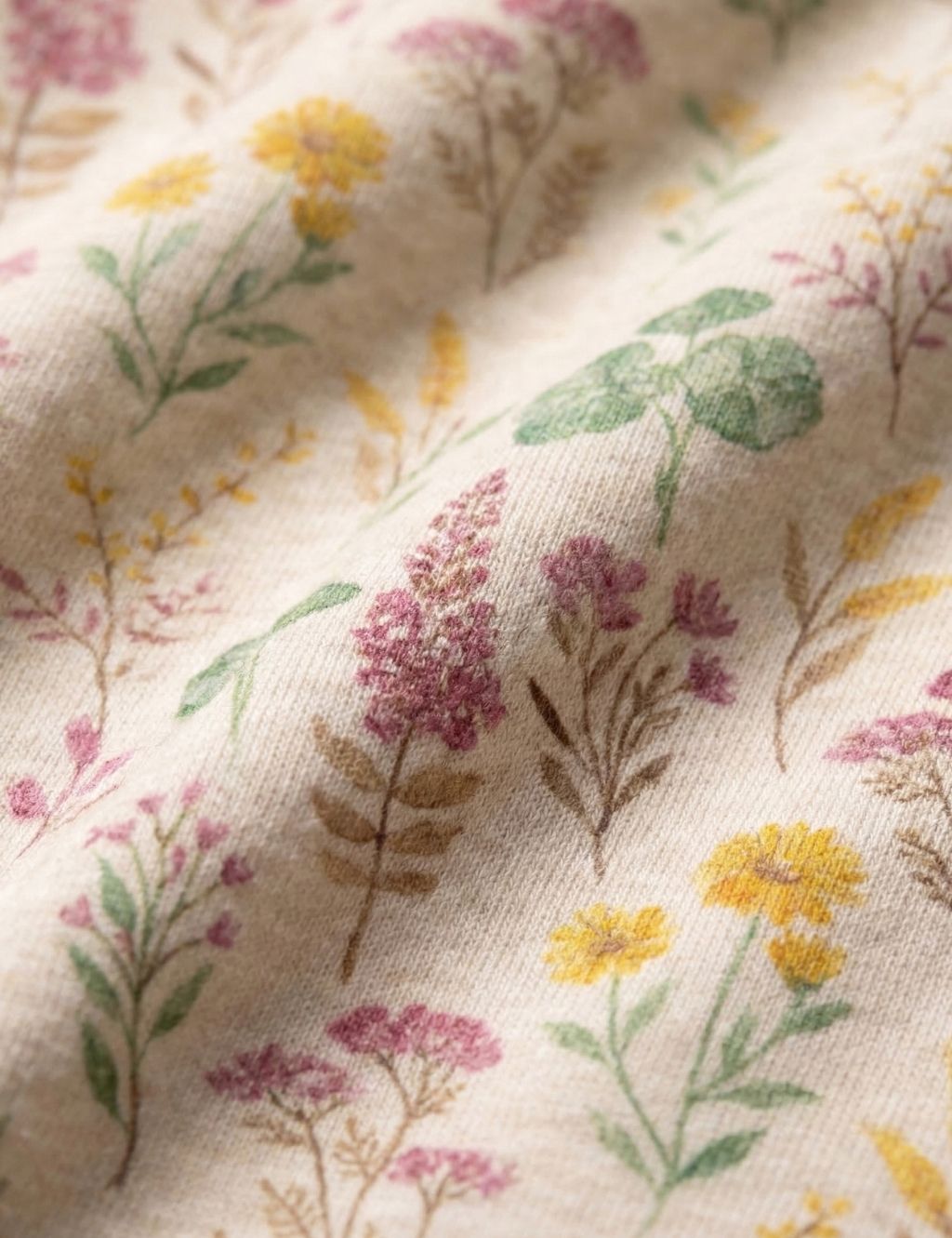 Detailed fabric close-up of the cream organic cotton baby romper showing the floral lilypad print.