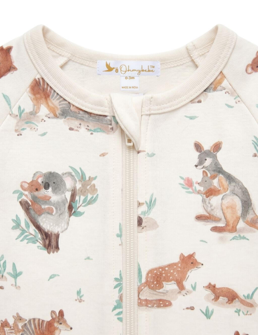 Close-up fabric detail of an organic cotton footie romper showing the neckline, zipper guard, and Australian animal print