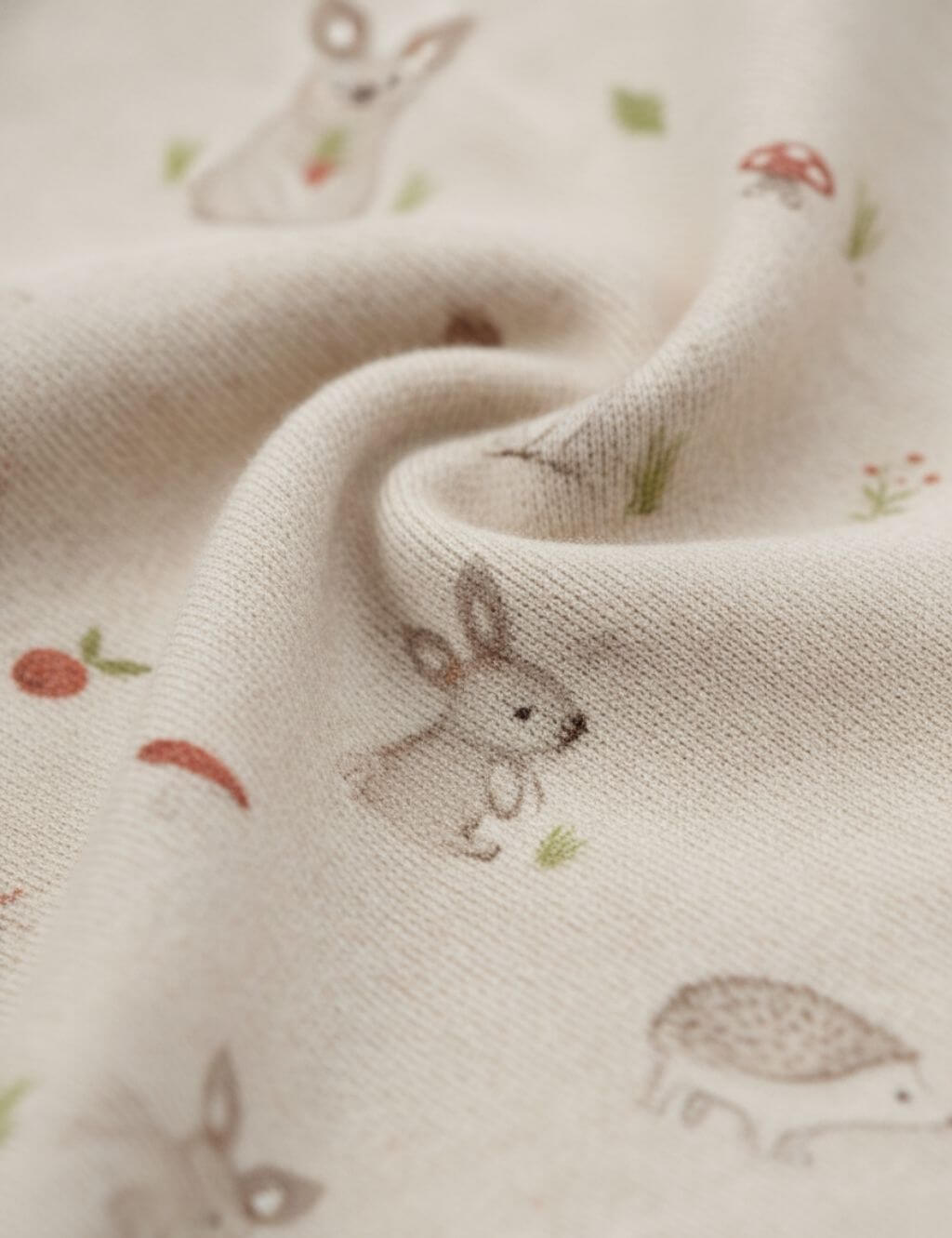 Close-up fabric detail of an organic cotton footie romper showing the soft swirled texture and woodland bunny and hedgehog print.