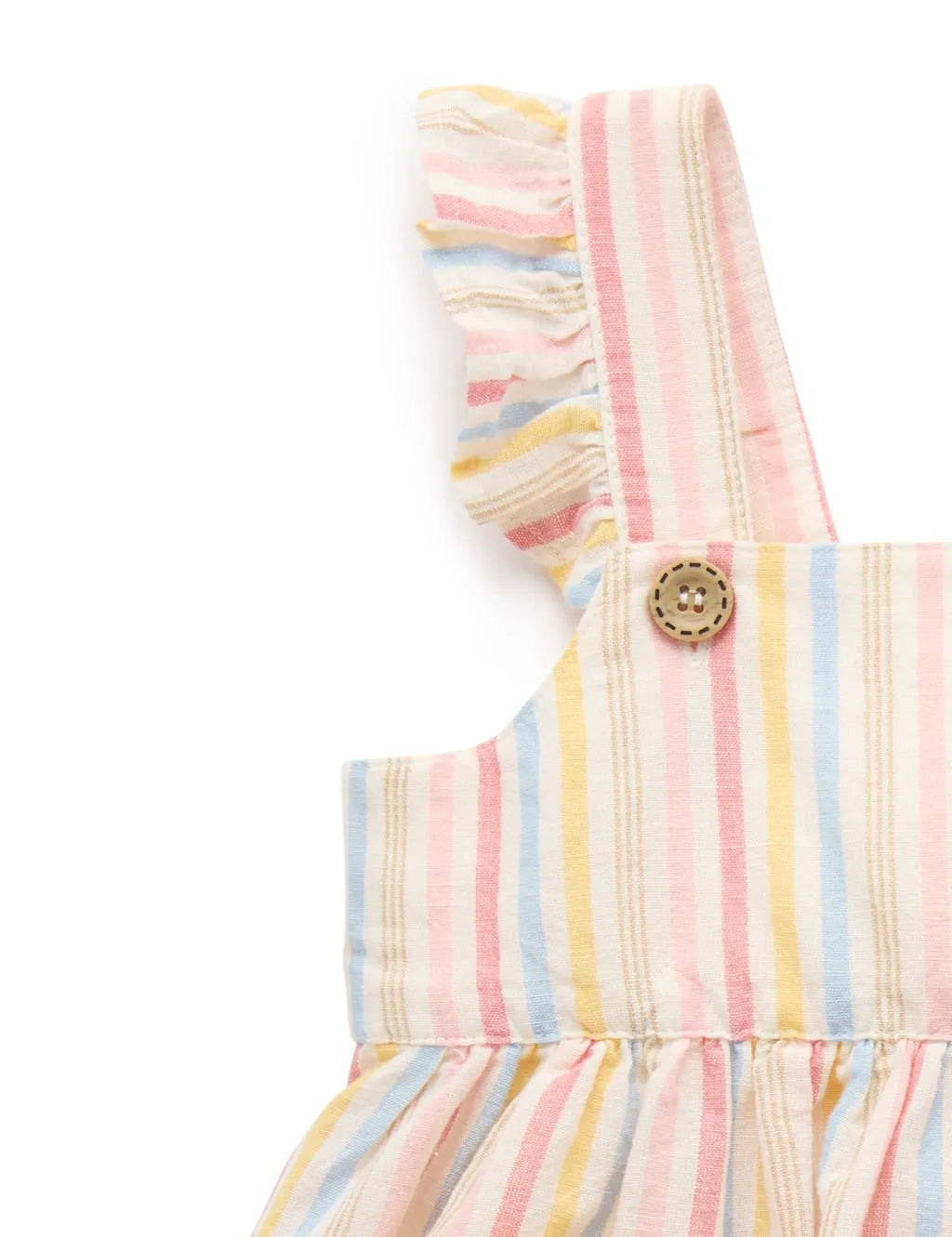 Close-up fabric detail of an organic cotton pastel striped pinafore dress showing the ruffled strap and wooden button closure.