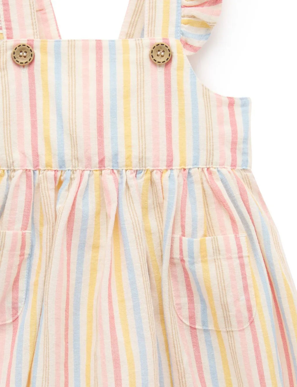 Close-up fabric detail of an organic cotton pastel striped pinafore dress showing buttons and front pockets.