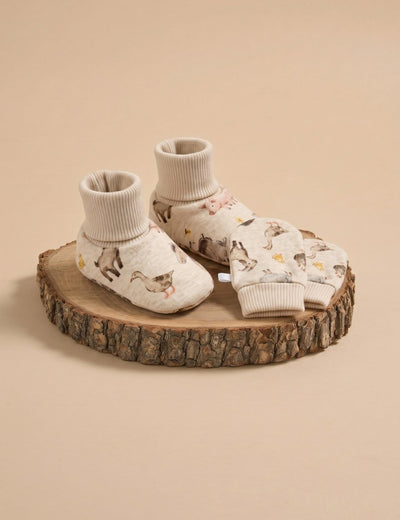 Organic Cotton Baby Booties & Mittens Set – Farm Animal Print