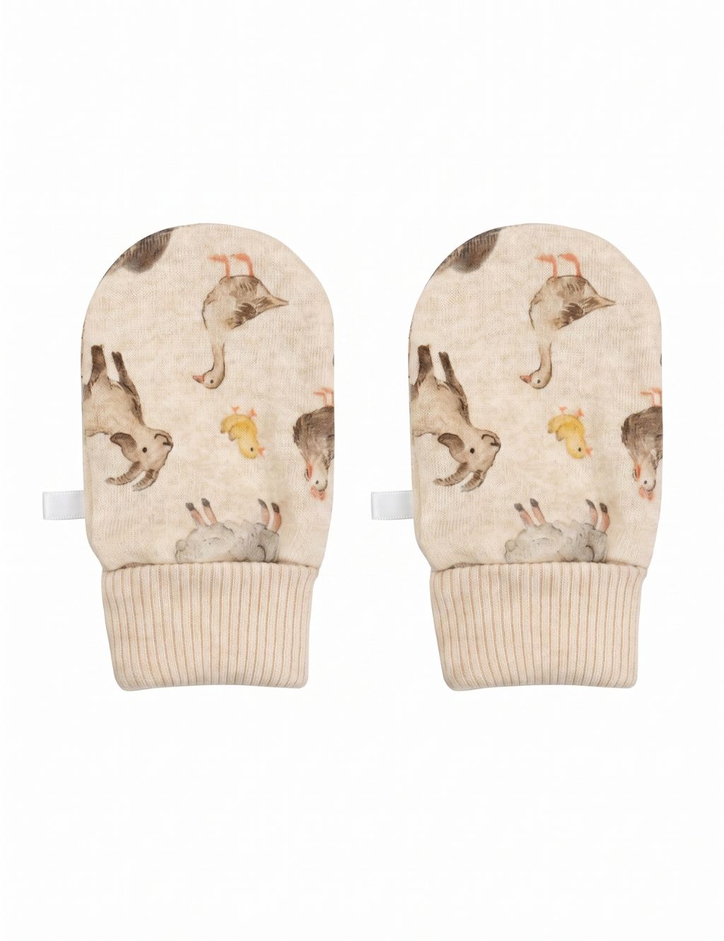 A pair of cream-colored baby scratch mittens featuring a charming watercolor farm animal print with a goose, a goat, a small chick, and a sheep, laid flat against a white background.