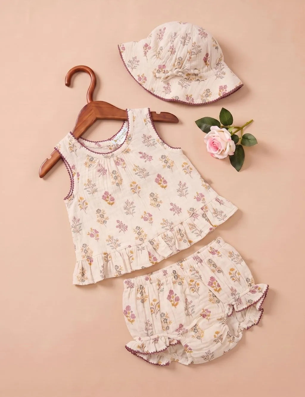 Flatlay view of a floral sleeveless top on a hanger with matching bloomers, sun hat, and rose on a beige background.