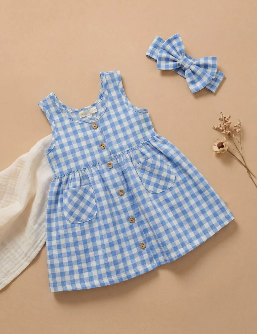 Flatlay of an organic cotton blue and white gingham check dress with front buttons, patch pockets, and matching bow headband.