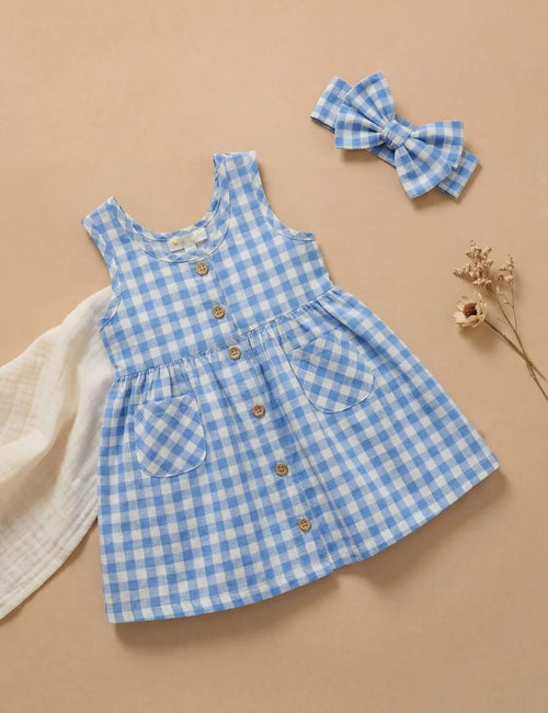 Organic Cotton Girls Sleeveless Gingham Dress with Hairclip