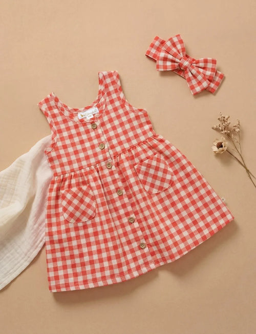 Stylish Baby Girl Checkered Dress with Hairclip - Organic Linen Cotton