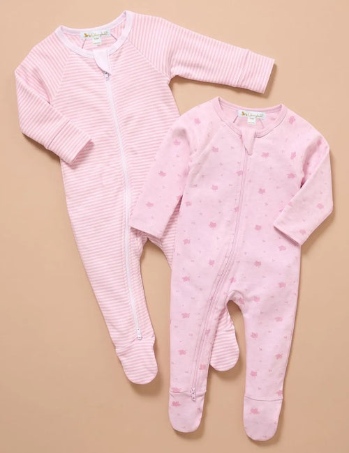 Organic Zip Baby Romper Set – Pink Leaf & Stripes (2-Pack)