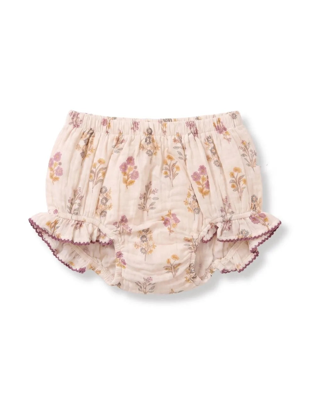 Front view of cream floral print baby bloomers with an elastic waist and ruffled leg openings on white background.