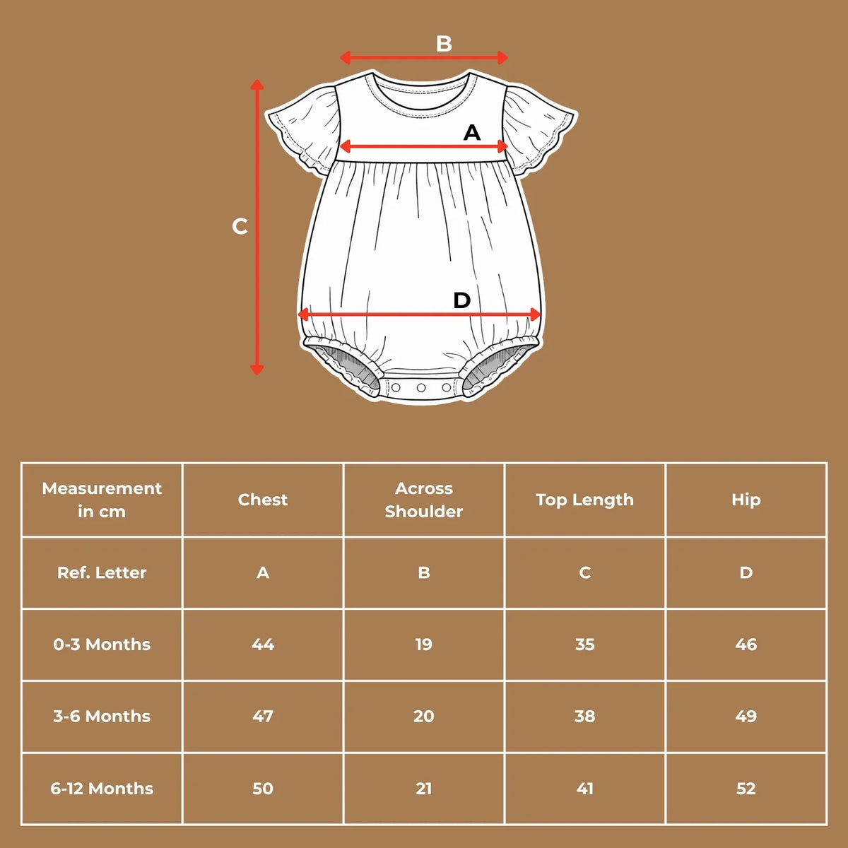 Size chart for baby floral romper outfit set showing measurements for infants and toddlers.