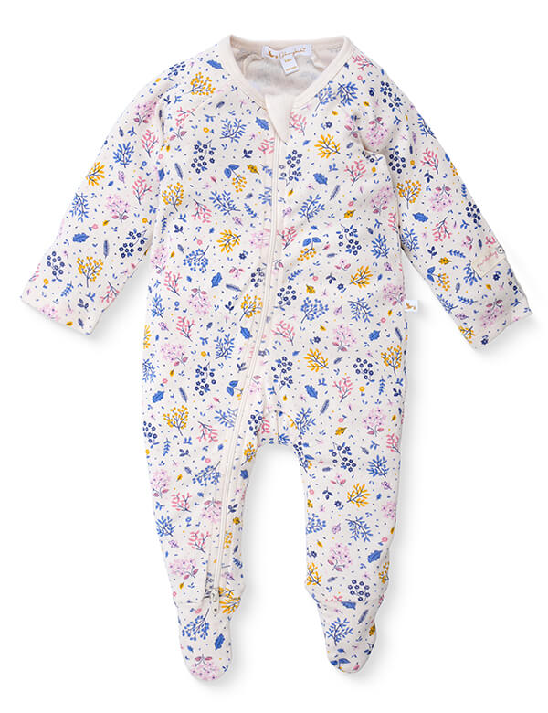 Floral patterned baby onesie on a white background