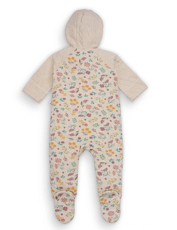 Baby hooded onesie with floral print in pastel colors, featuring long sleeves and footed legs