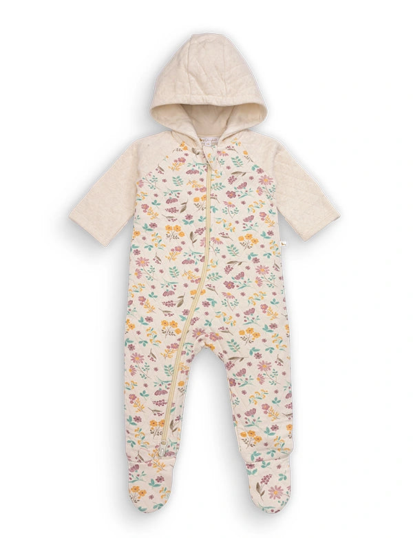Beige baby hooded sleeper with floral print and front zipper