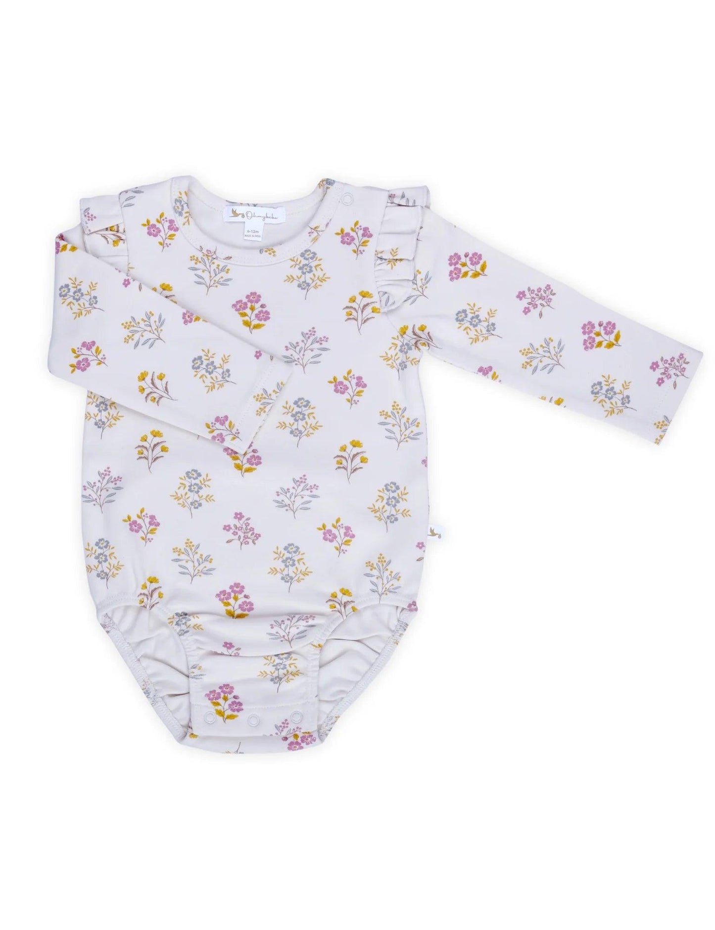 white organic cotton baby bodysuit with pink yellow and gray floral pattern and ruffled shoulder detail