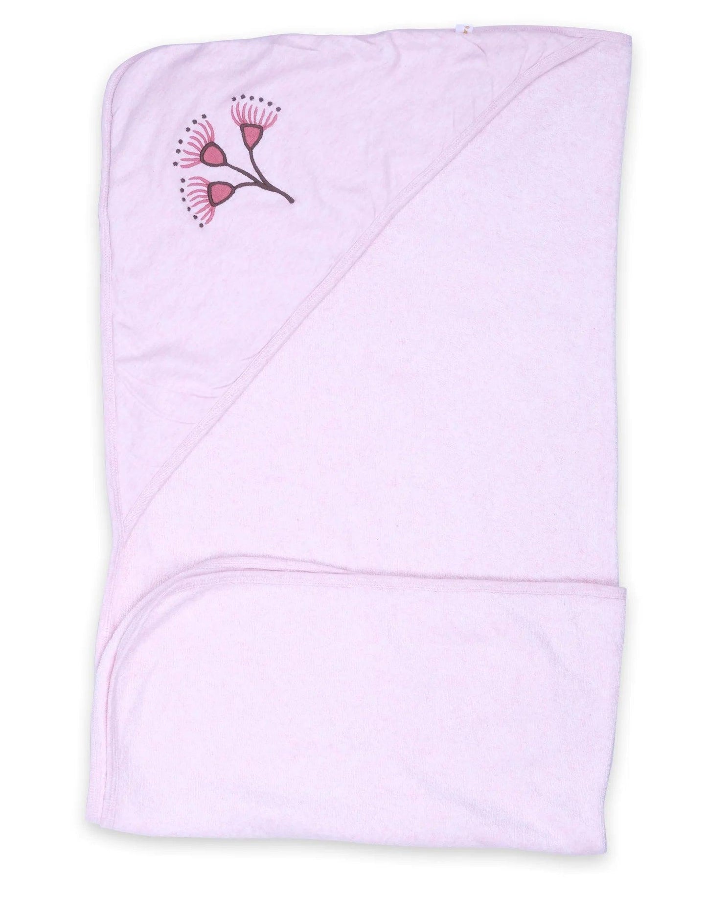 Soft pink organic cotton hooded baby towel with floral embroidery on the hood