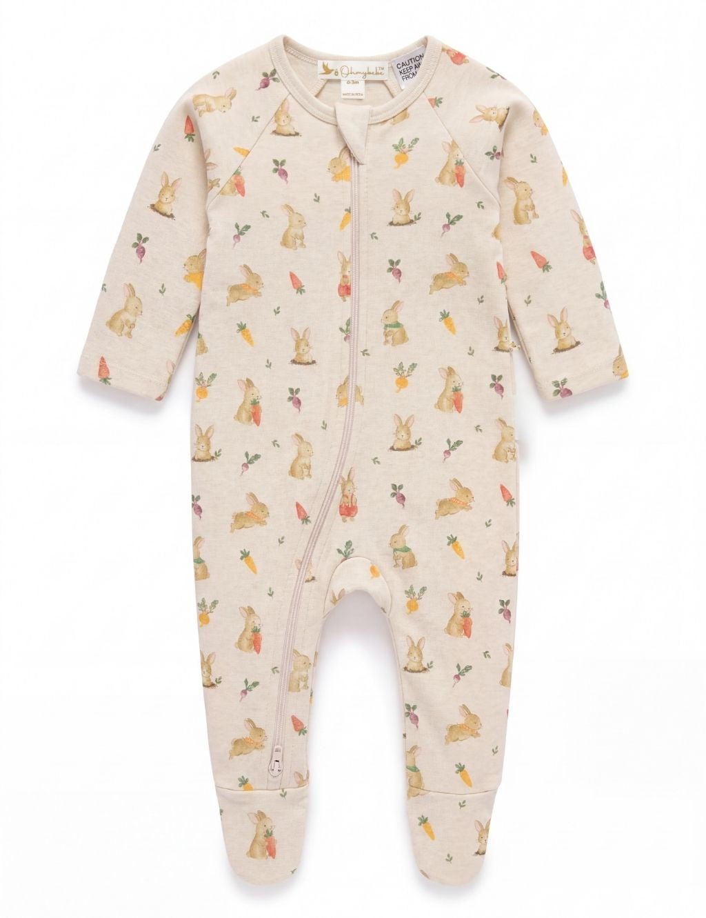 Front view of a beige baby zip-up footed romper with cute bunny prints.