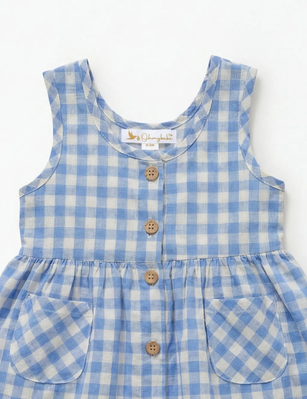 Close-up front view of organic cotton blue and white gingham check dress featuring round neck, wooden buttons, and pockets.