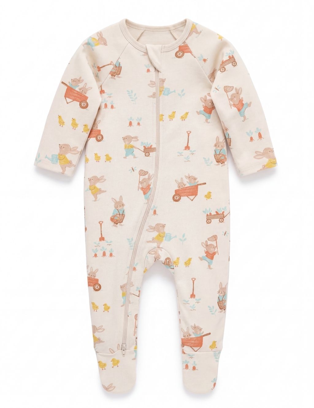 Front view of a beige organic cotton baby zipper romper with an Easter bunny print.