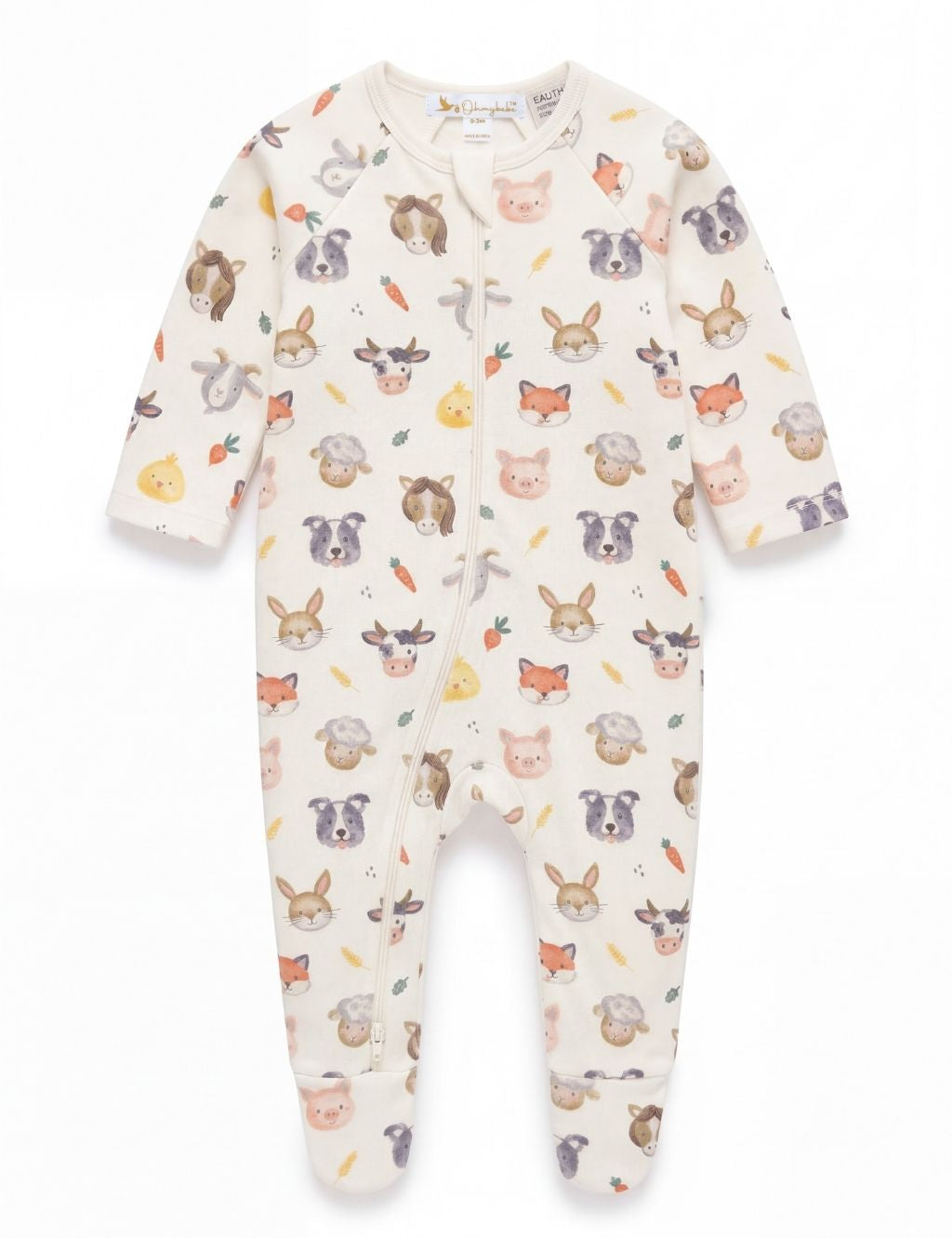 Front view of a white organic cotton baby romper with cute farm animal prints.