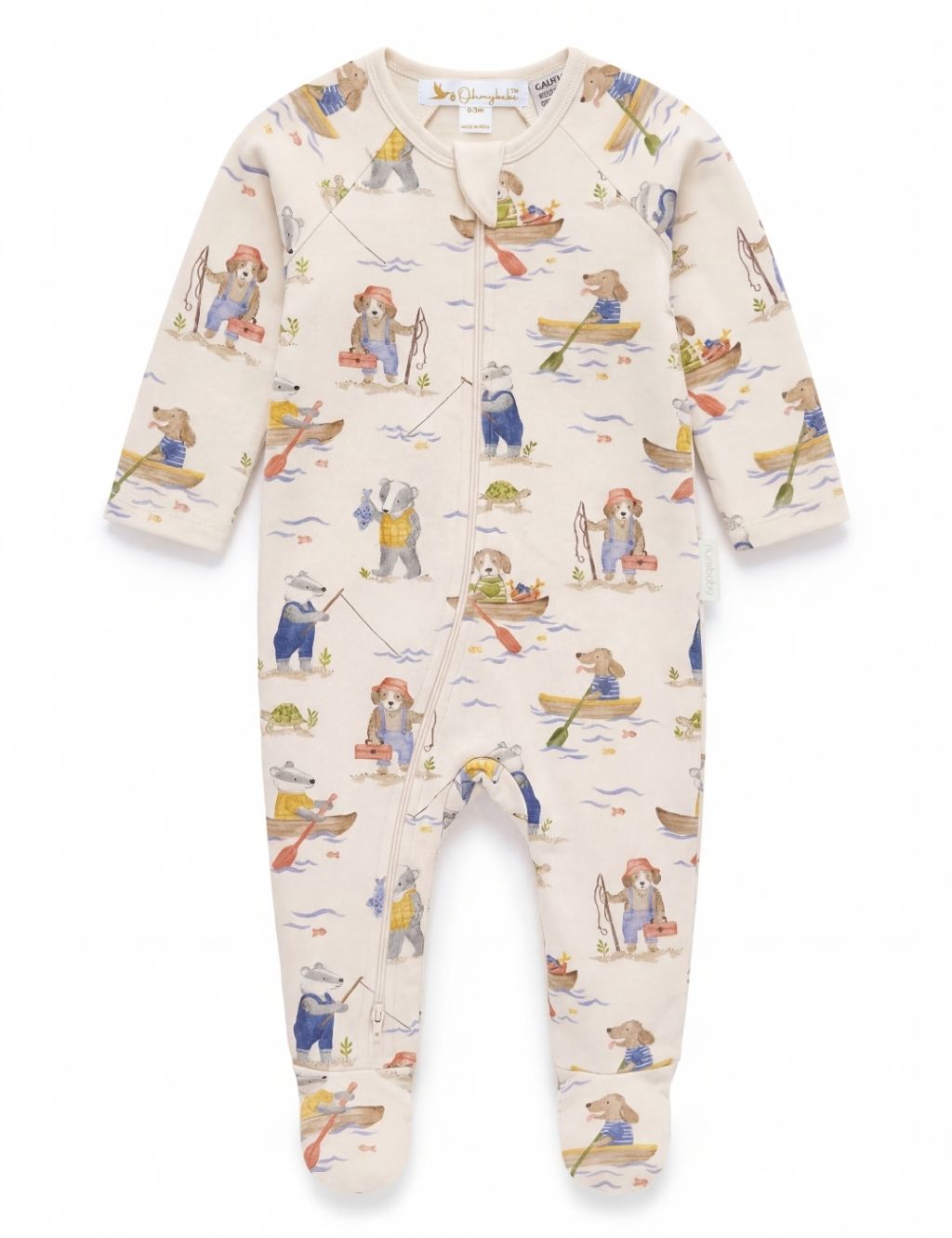 Front view of a cream organic cotton baby romper featuring a cute fisherman animal print.