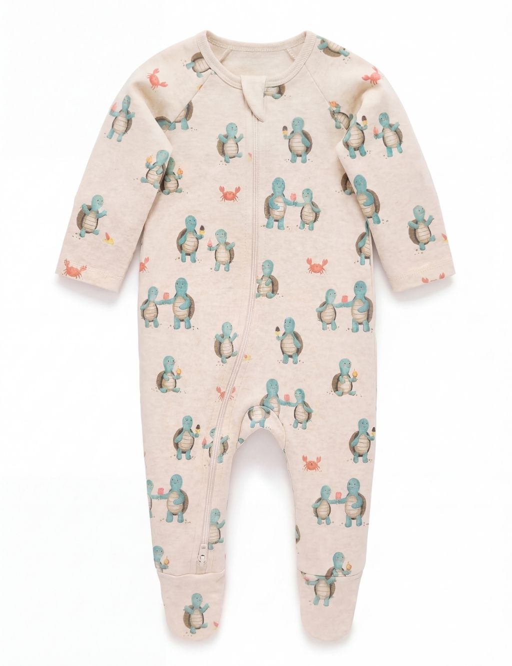 Front view of a beige organic cotton baby romper featuring a cute hungry turtle print.