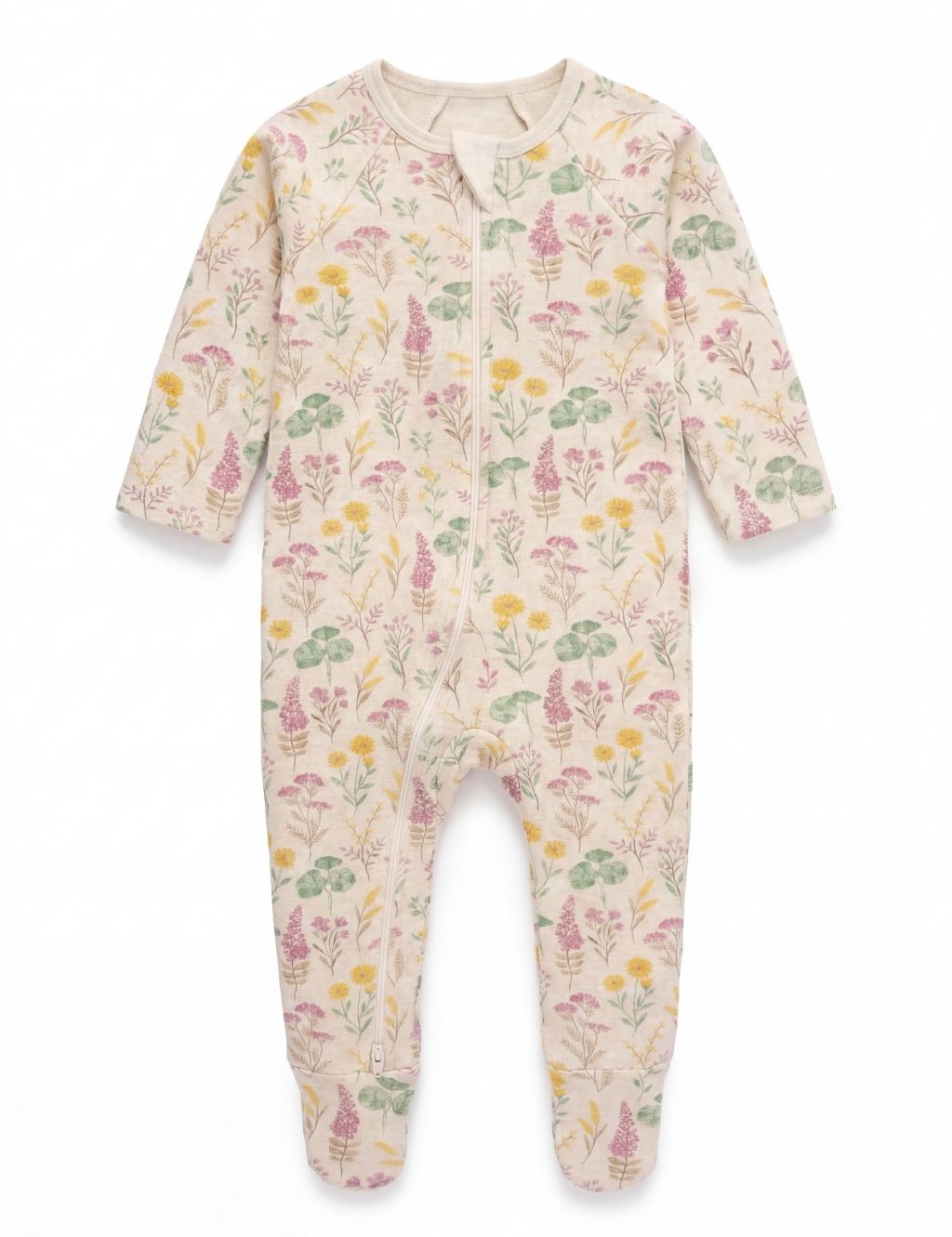 Front view of a cream organic cotton baby footed romper with a floral lilypad print.