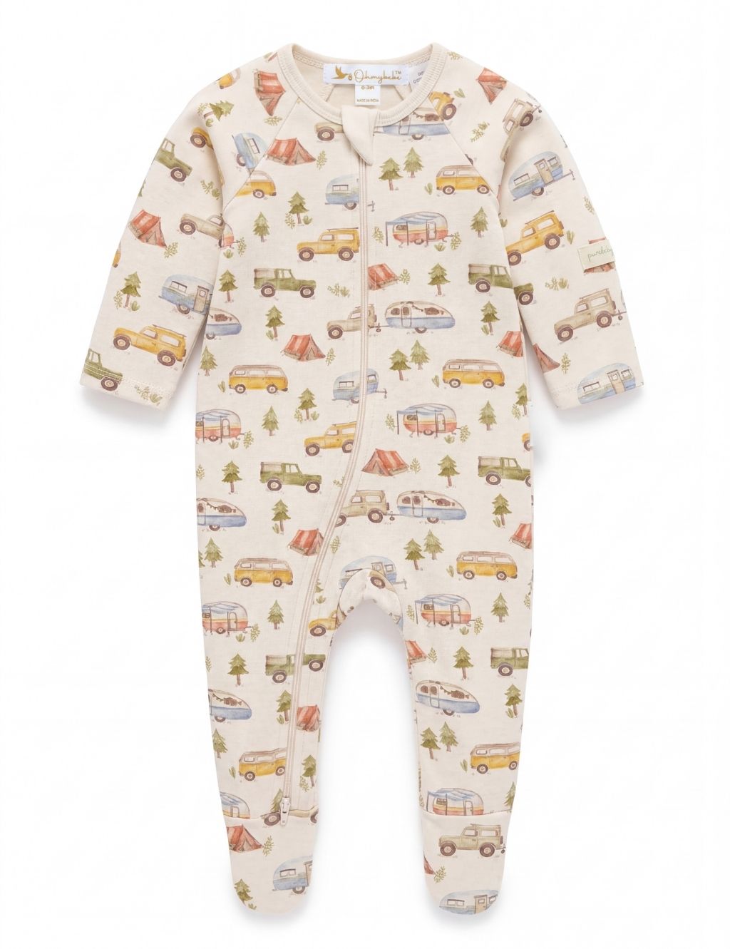 Front view of a cream organic cotton baby romper featuring a cute camping adventure print with vintage vans and tents.