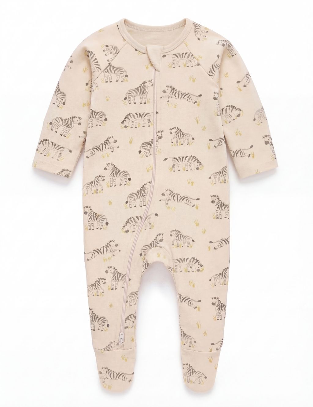Front view of a cream organic cotton baby romper featuring an all-over grazing zebra print.
