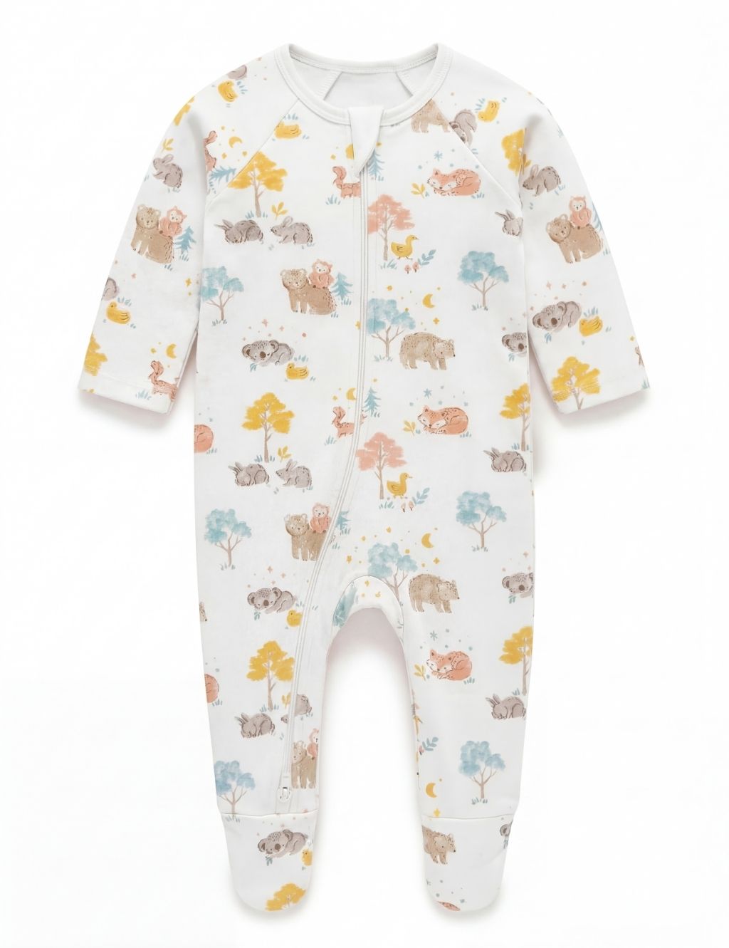 Front view of a white organic cotton baby zipper romper featuring sleeping woodland animals.