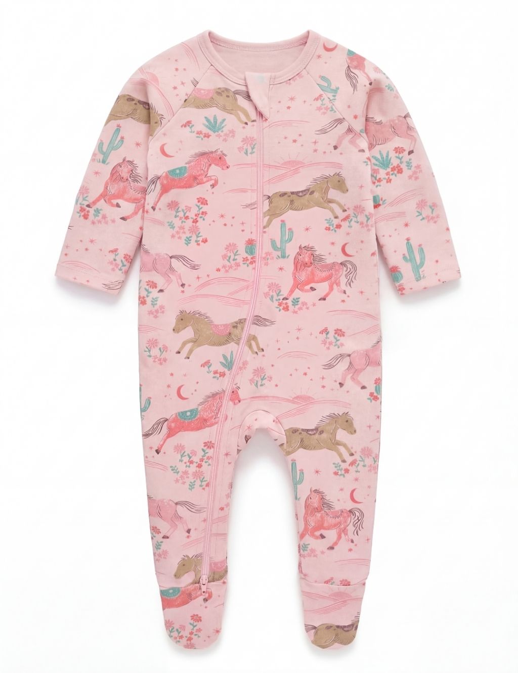 Front view of a pink organic cotton baby zipper romper with a desert horse print.