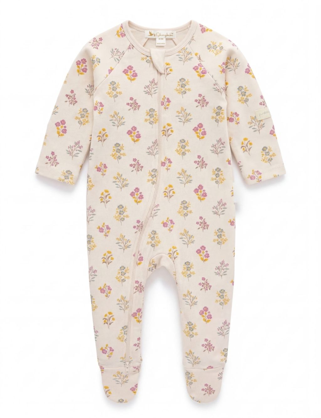 Front view of a cream organic cotton baby romper featuring a posie floral print.