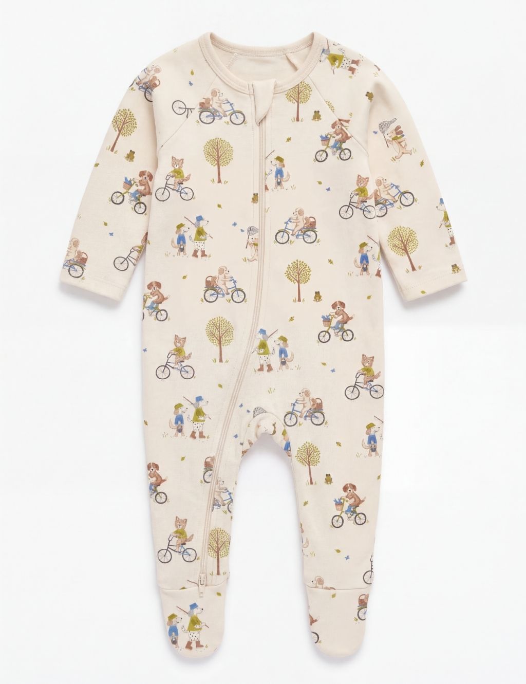 Front view of a cream organic cotton baby romper featuring a playful down river print.