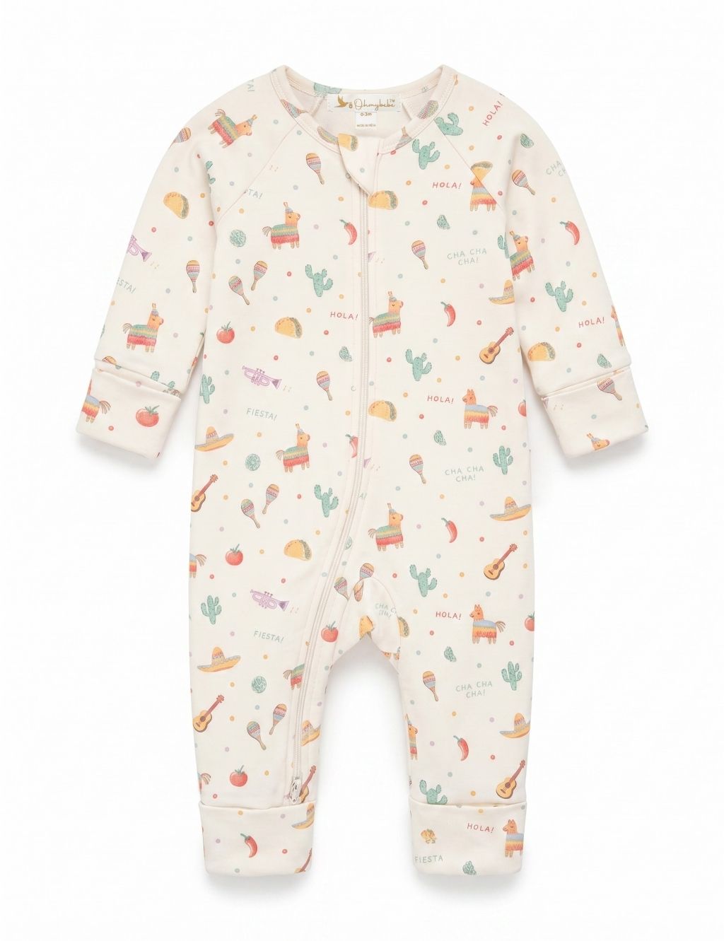 Front product view of a cream long sleeve zip-up baby romper in a fiesta print with piñatas and cacti.