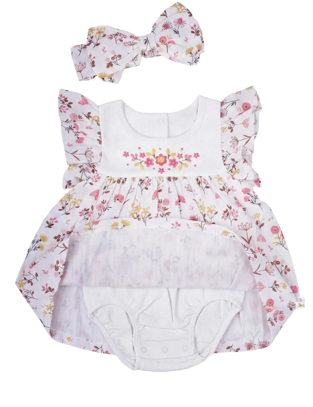 Front product view of floral embroidered flutter-sleeve baby romper dress with matching bow headband showing snap closure.