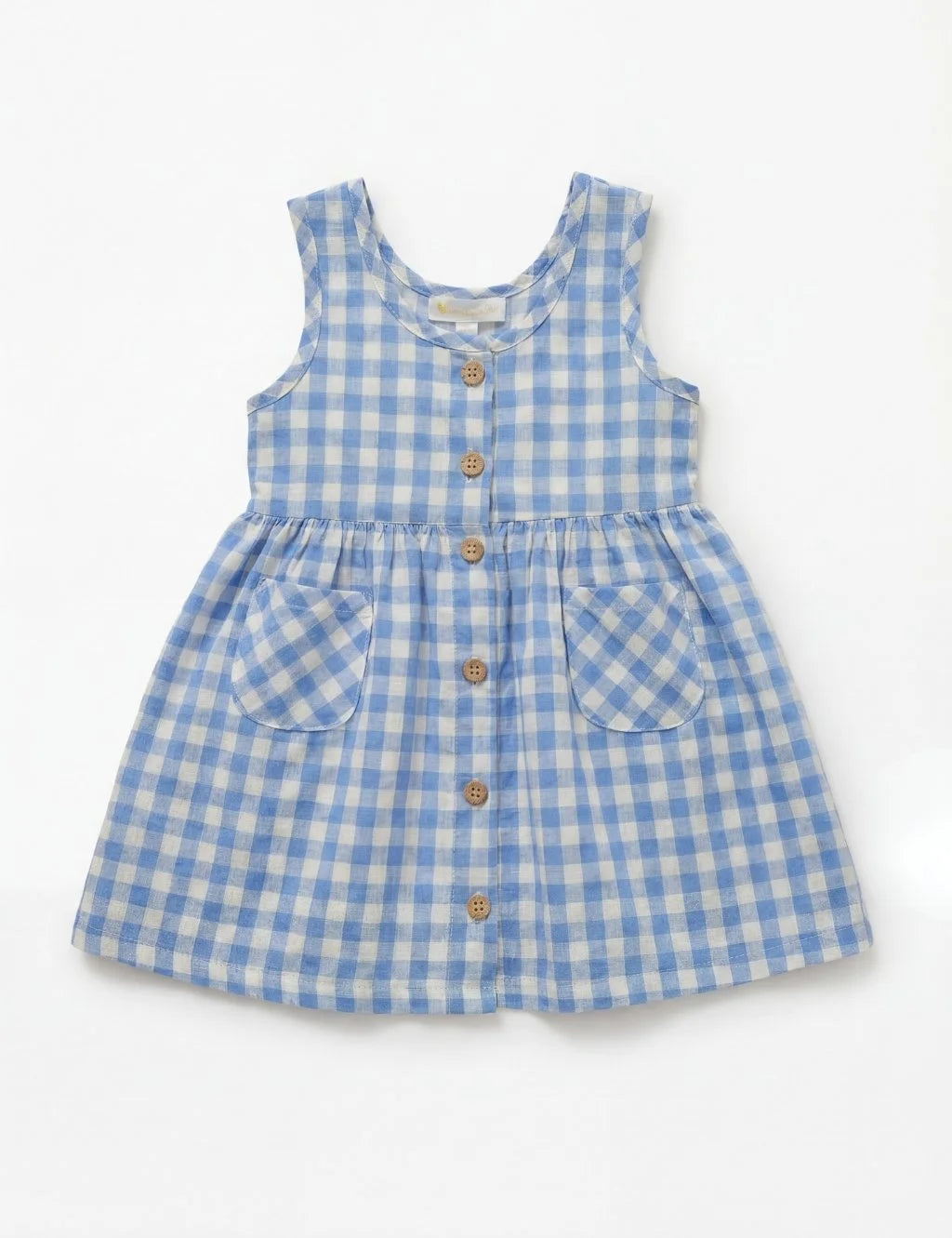 Front product view of organic cotton blue and white gingham check dress featuring front buttons and dual patch pockets