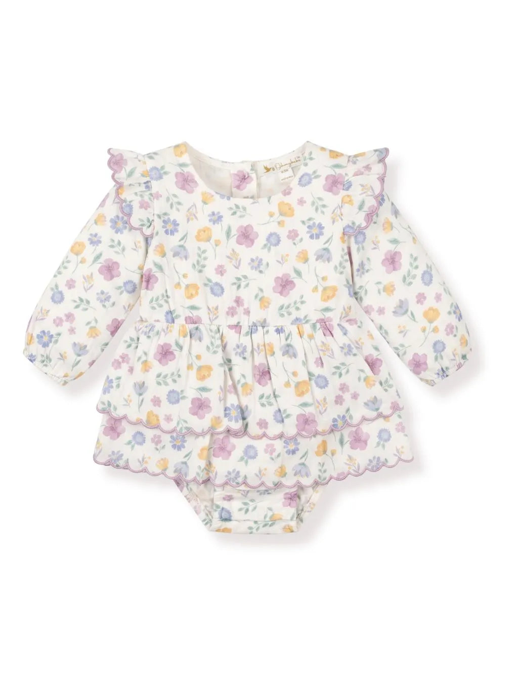 Front product view of a baby girl long sleeve floral tiered dress romper with scalloped trim and ruffle shoulders.