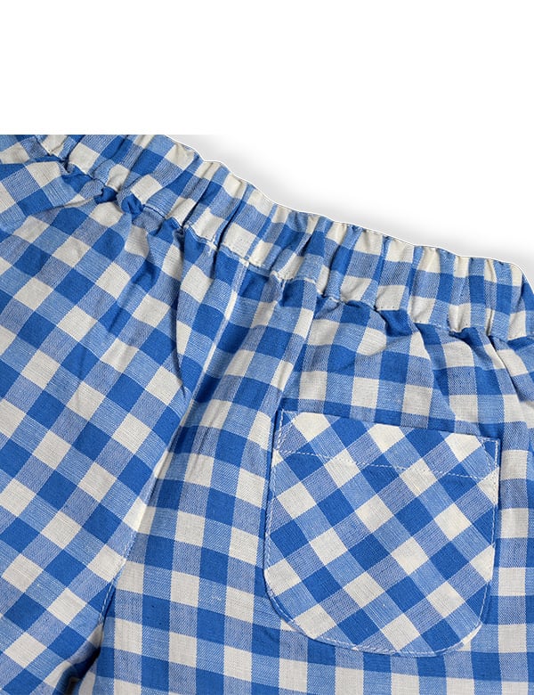 Close-up of blue and white gingham baby shorts with elastic waistband and back pocket