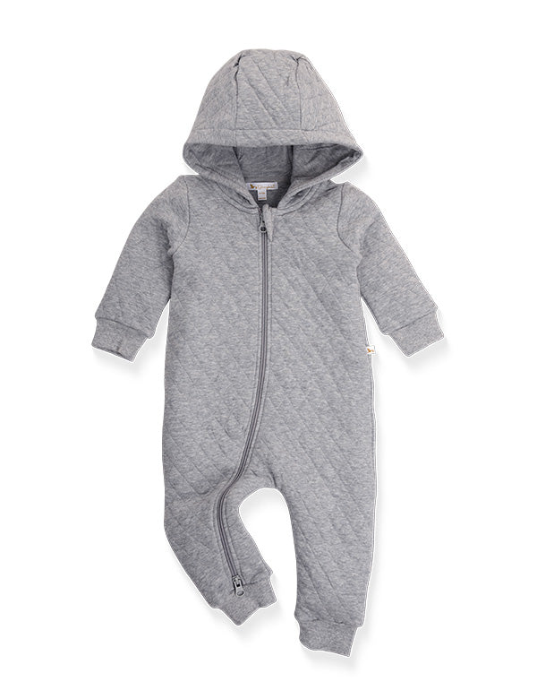 Gray baby onesie with a hood on a white background