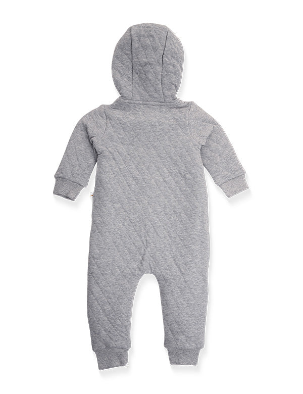 Gray baby onesie with a hood on a white background