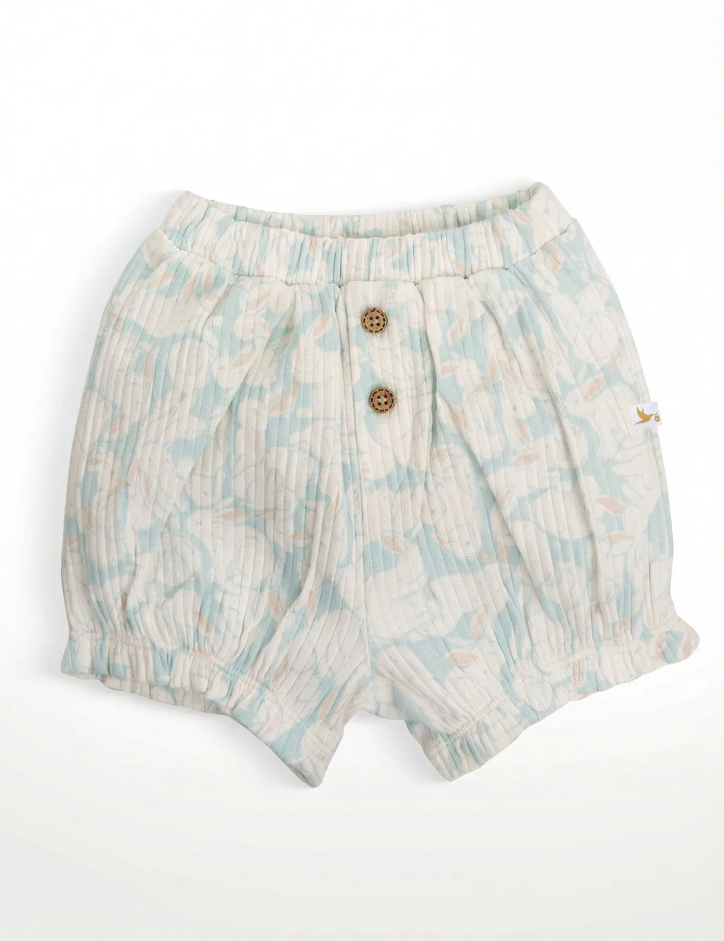 Light green and white ribbed organic cotton baby bloomers featuring an all-over bunny print and faux front button details.
