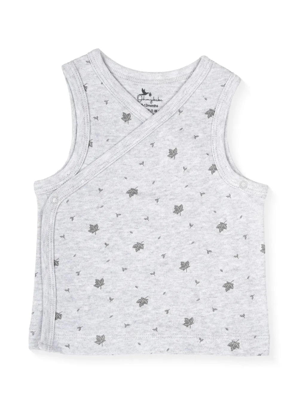 A sleeveless light grey heather baby wrap-style tank top featuring a delicate scattered pattern of dark grey leaves and tiny flecks. The top is designed with an asymmetrical crossover front, tonal ribbed trim along the edges, and discrete side snap-button closures, laid flat against a plain white background.