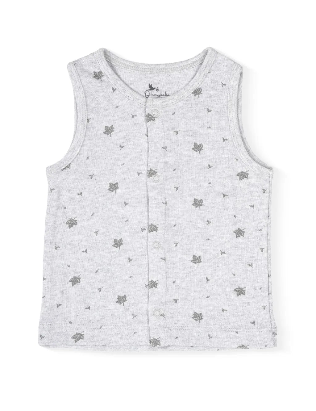 A sleeveless light grey heather baby tank top featuring a delicate scattered pattern of dark grey leaves, a full-length front snap-button closure, and subtle grey stitched trim along the neck and armholes, laid flat against a white background.