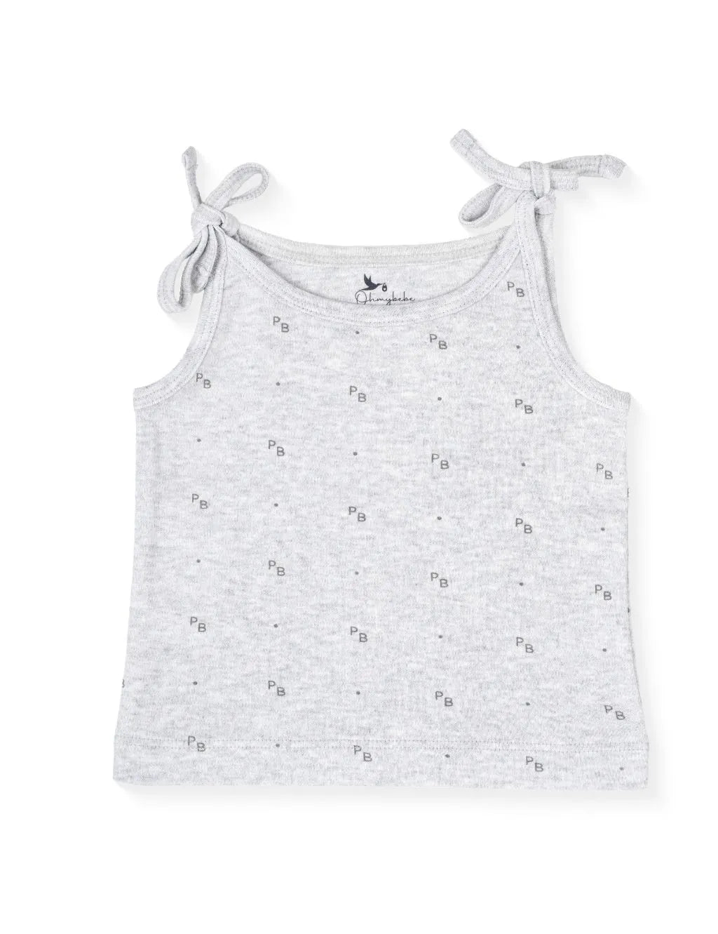 A light grey heather sleeveless baby camisole tank top featuring a delicate scattered pattern of small dark grey "PB" letter monograms and tiny dots. The top is finished with tonal stitched trim and adjustable tie-up shoulder straps, laid flat against a plain white background.